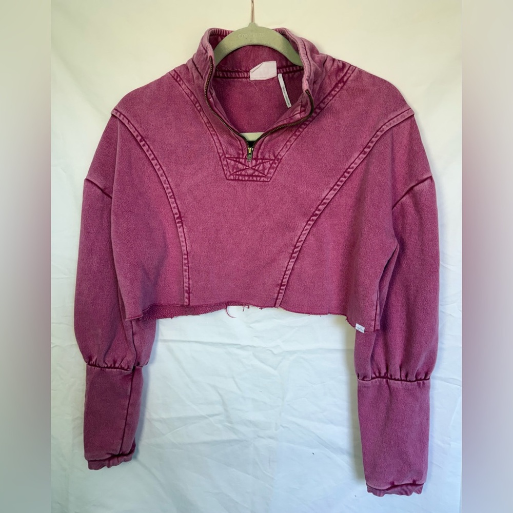 Out From Under Cropped Sweatshirt Pink Acid Wash Quarter Zip Size S